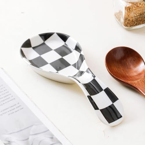 Ceramic Spoon Rest for Stove Top, Checkered Spoon Holder Utensil Rest