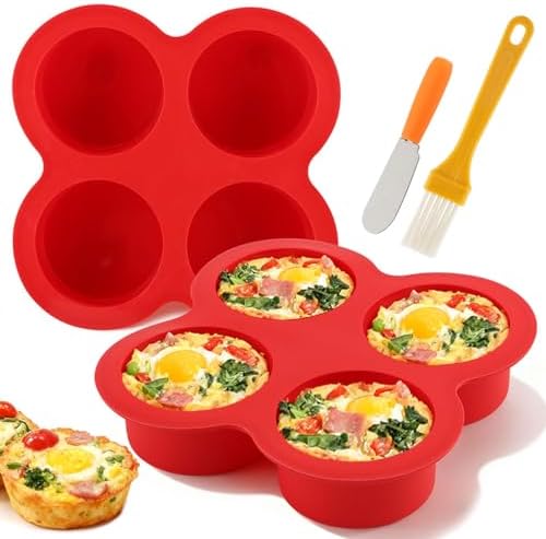 2 Pack Silicone Egg Bite Molds with 1 Spatula & 1 Brush, 4 Cups