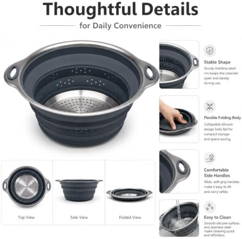 Mejoncb Collapsible Colander – Platinum Silicone Strainer with