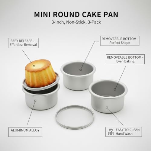Aluminum Alloy Mini Cake Pan Set, 3-Inch Round Baking Molds with