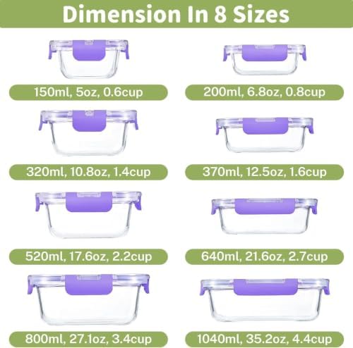 8 Pack Glass Food Storage Containers with Snap Locking Lids