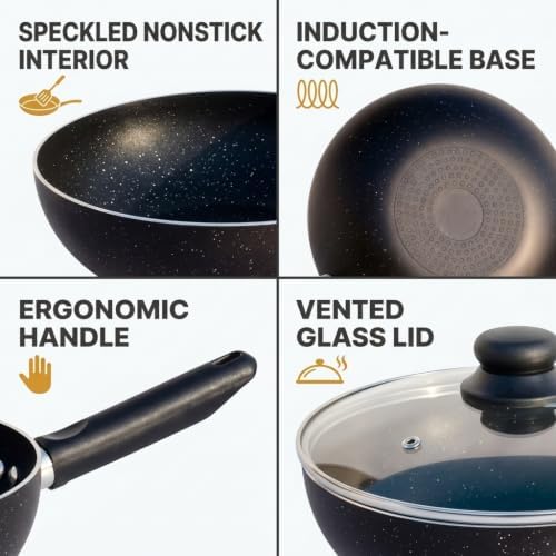 11-Inch Nonstick Flat-Bottom Wok with Glass Lid, Induction Stir-Fry and Saute Pan for Vegetables, Noodles and One-Pan Meals, Aluminum Wok for All Stovetops