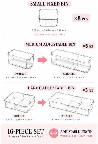 Adjustable Clear Drawer Storage Organizer, 16 Pack 3 Sizes Expandable Plastic Storage Boxes for Kitchen, Bathroom, Vanity, Office, Makeup, Desk and Closet Organization