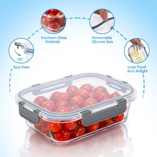 5 Pack 22 oz Glass Food Storage Containers, Grey