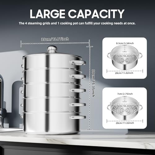 5 Tier Steamer Cooker,Home Steam Pot Set,Multi tier Stainless Steel Kitchen Cookware Hot Pot for Cooking Vegetables, Seafood, Soups, Stews and Pasta (Silver, 11 * 17.71 in)
