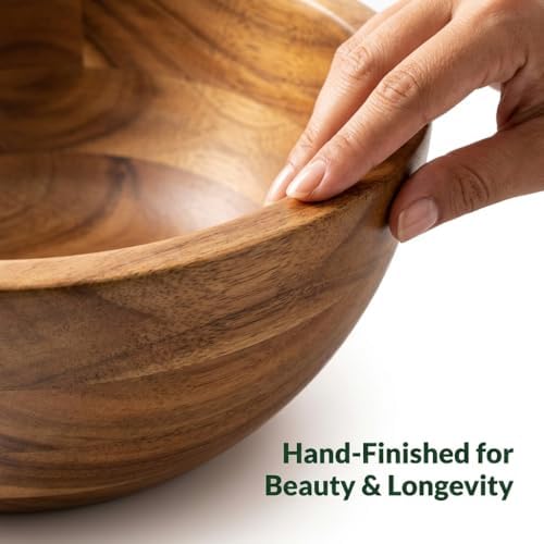 Shalinindia Large Acacia Wood Salad Bowl Set with Utensils, 12.5 In