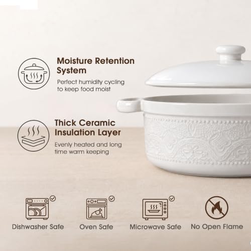 FE Casserole Dish with Lid, 2 Quart Ceramic Baking Dish, Bright White