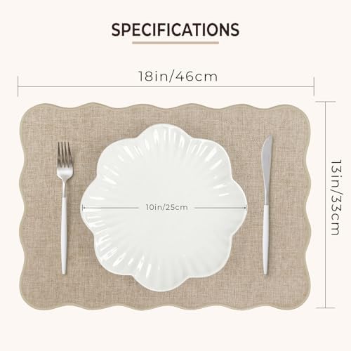 AHHFSMEI Faux Linen Placemats Set of 6 Scalloped Washable Heat