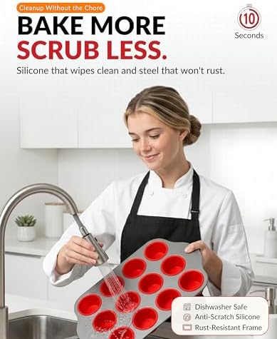 Boxiki Kitchen Non-Stick 12 Cup Silicone Muffin Pan with Steel Frame