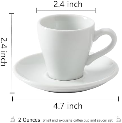 Espresso Cups Set of 6, 2.8 oz White Espresso Cups and Saucers