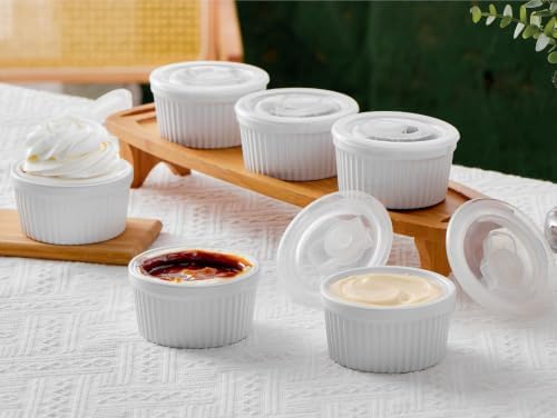 ONEMORE 8 oz Ramekins with Lids, Set of 6 Stackable Ceramic Creme