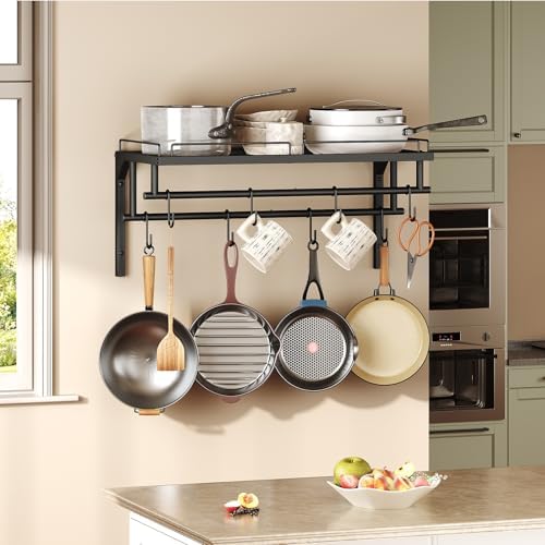 CHOEZON Hanging Pot Rack, Wall-Mounted Pot Rack, Kitchen Cookware Organizer, Metal Pot and pan Organizer Holder, for Cookware, Utensils Organization, Black TPR37BB