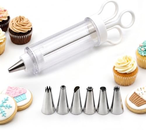 Cupcake Icing Piping Syringe, Cake Decorating Kit with 6 Stainless
