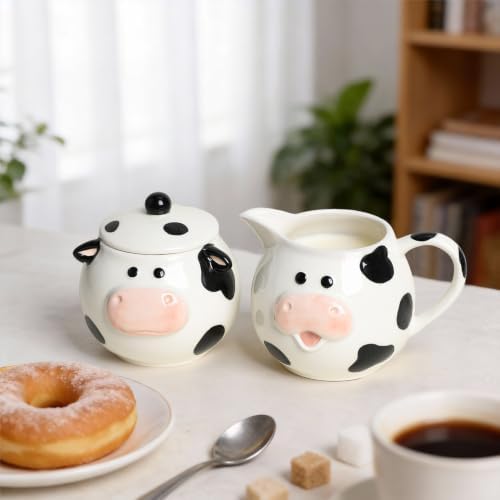 WAIT FLY Funny Cow Ceramic Creamer and Sugar Bowl Set, Cream Pitcher