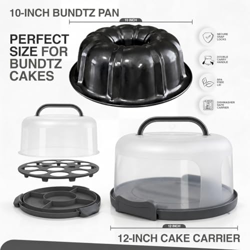 10in Buntz Cake Pan Non Stick & 12in Cake Carrier with Lid-Handle