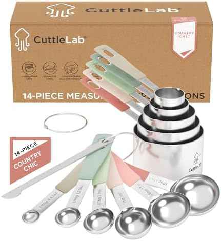CuttleLab Measuring Cups and Measuring Spoons Set of 14 - Stainless Steel Measuring Cups and Spoons Set, Includes 1/8 Teaspoon Measuring Spoon, 1/8 Cup Measuring Cup, Leveler Dry (14, Country Chic)
