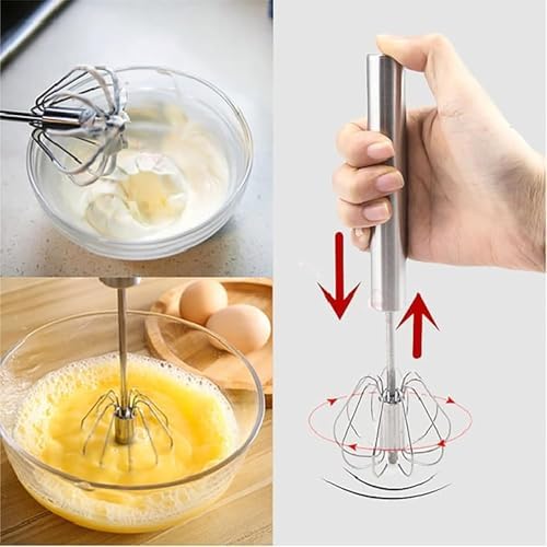 Stainless Steel Egg Whisk, Semi Automatic Hand Push Rotary Blender