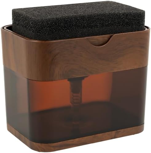 S&T INC. Dish Soap Dispenser and Sponge Holder, Walnut and Amber