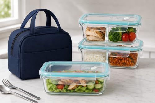 Glass Meal Prep Containers 3 Pack – Upgraded Version with Steam Vent