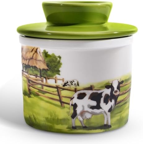 Ceramic Butter Crock With Lid for Countertop, Embossed Cow Butter