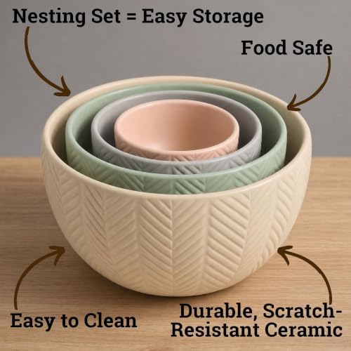 Ceramic Mixing Bowls Set of 4 pcs, Colorful Nesting Bowls