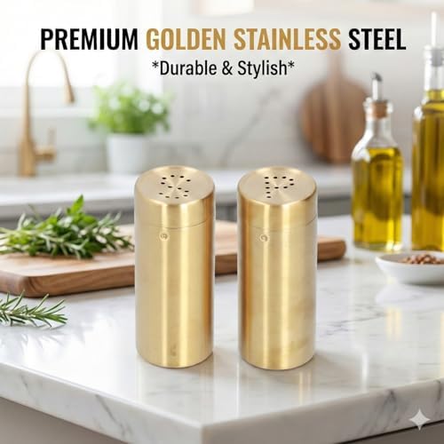2 Pack Gold Salt and Pepper Shakers Set - Stainless Steel Seasoning