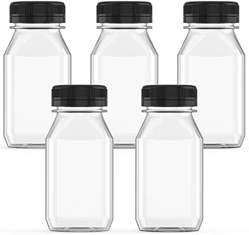 8 Ounce Plastic Juice Bottle Drink Containers with Black Lids, 5 Pcs