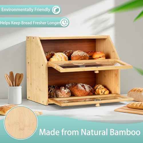 Bread Box for Kitchen Countertop, Large Double Layer Bamboo Bread Storage Box with Clear Door, Includes 20 Bread Bags & Labels, Farmhouse Kitchen Storage Organizer (Natural Bamboo)