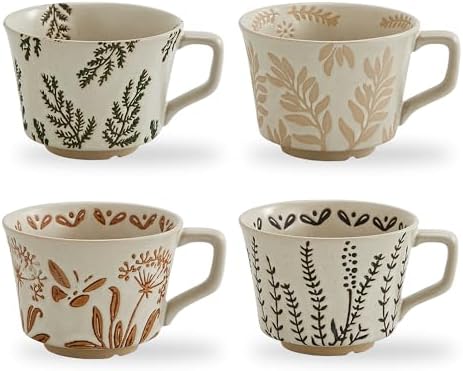 12 oz Vintage Ceramic Coffee Mug Set of 4 - Handmade Stoneware Pottery