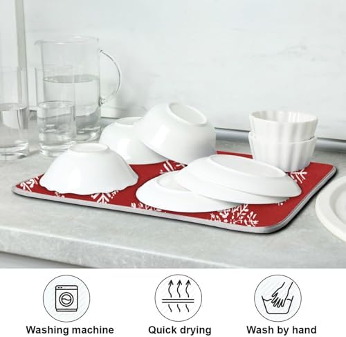OTVEE Snowflake’ Red Canvas Dish Drying Mat for Kitchen Counter