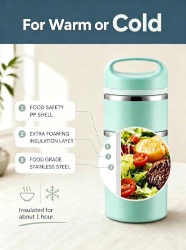 Lille Home Stackable Stainless Steel Thermal Lunch Box, 43OZ/1.38L
