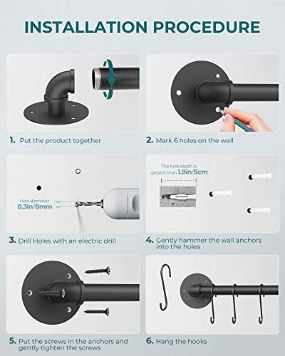OROPY 21'' Pot Rack Wall Mounted, Iron Pipe Hanging Rack, 10 S Hooks, 2Pack
