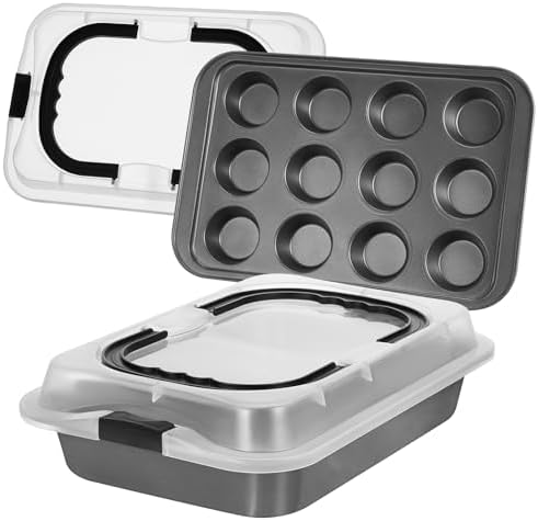 Qinyoung 2 Pcs 9" x 13" Cake Baking Pan with Lid 12 Cup Muffin Pan