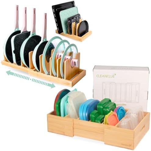 CLEANCLUE Bamboo Expandable Pot Pan and Lid Organizers under Cabinet
