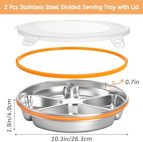 Youeon 2 Pack Stainless Steel Divided Serving Tray with Lid, 5