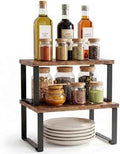 Cabinet Organizer Shelf, Kitchen Counter Shelves Set of 2, Expandable Spice Rack,Kitchen Storage Riser,Stackable, for Kitchen, Countertop, Office Desk, Living Room, Rustic Brown