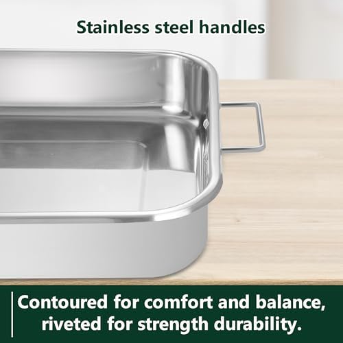304 Stainless Steel Roasting Oven Pan: Roaster Pans With Rack & Handles 16.5 * 12.4 * 3 inches - Kitchen Baking Appliances for Turkey Chicken Beef - Kitchen Cookware Gifts for Women Homeowner