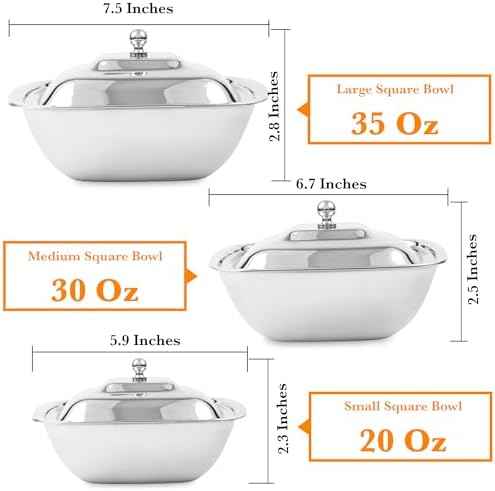 CRAFTONE Stainless Steel Square Mixing Bowls Set of 3 with Lid, Ideal for Baking & Serving Salad, Rice, Desert, Food Storage Bowl Set (20 Oz, 30 Oz and 35 Oz)