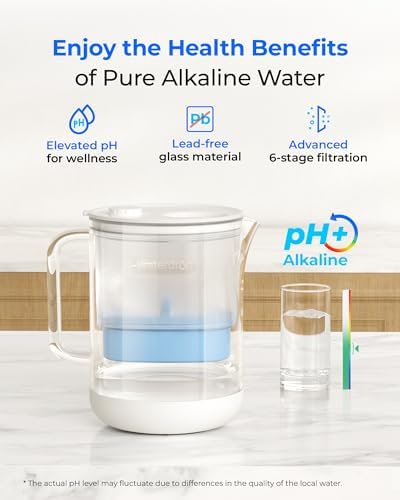 Waterdrop PT-72C-A Glass Alkaline Water Filter Pitcher, 7-Cup, Blue