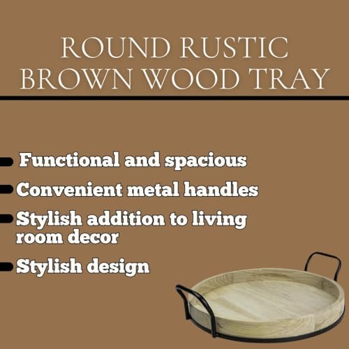 SEDLAV Round Rustic Brown Wood Serving Tray with Metal Handles