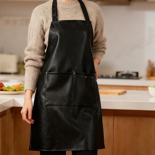 eywlwaar PU Waterproof Apron with 2 Big Pockets Adjustable Oil Proof