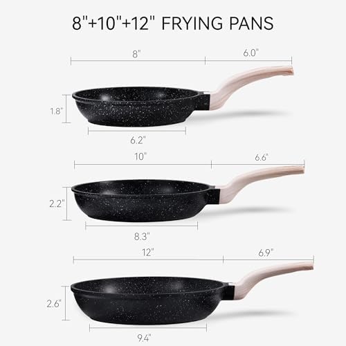 CAROTE Non Stick Frying Pan, Black 8"+10"+12" Granite Skillet Set