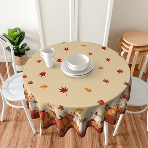 Fall Tablecloth 60 Inch Round White Orange Pumkins Festival Table