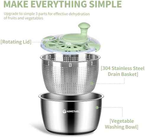 Stainless Steel Salad Spinner, ASWETMEL 5.3Qt Large Lettuce Dryer
