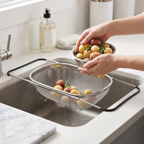Stainless Steel Expandable Over Sink Colander Oval Large Capacity