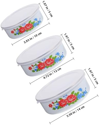 SUPVOX 3Pcs Vintage Enamel Nesting Bowls with Lids, Floral Print Food