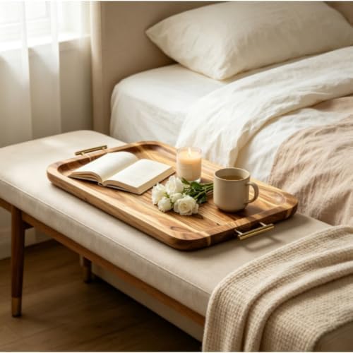 Rectangular Acacia Wood Serving Tray with Gold Handles, 22.5 x13 x1 in