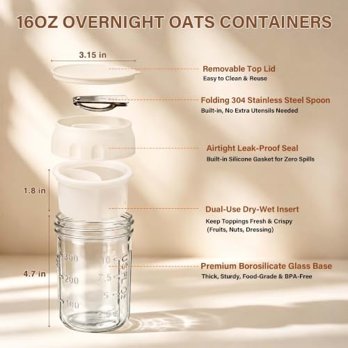 4 Pack 16oz Glass Overnight Oats Containers with Lids