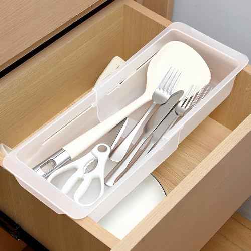 2 Pack Deep Drawer Organizer Bins, Adjustable Sliding Drawer Organizer Bin Expandable Tray for Kitchen Utensils, BBQ Tools, Towels, Durable Plastic Sliding for Easy Storage (12.4" to 18")