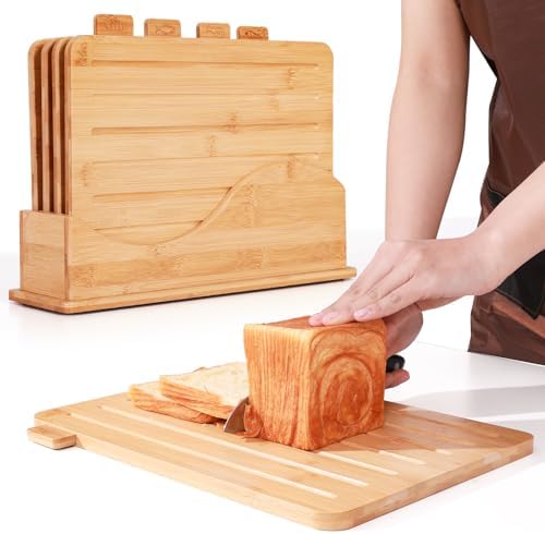Fanwer Bamboo Cutting Board, Set of 4 with Storage Stand, Chopping